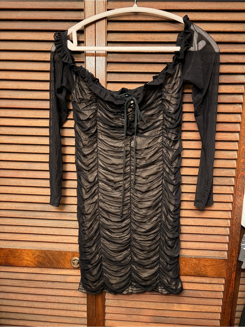 Fashion Nova Black Long Sleeve Ruched Mesh Dress